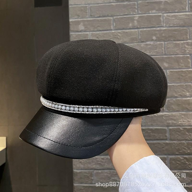 Womens Cotton Beret Hat With Pearl Chain Decor Wide Brim Octagonal Cap Fashion