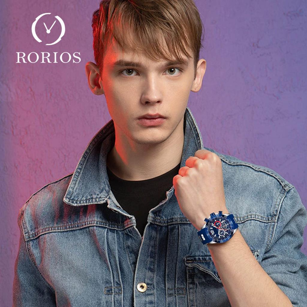 RORIOS Waterproof Analog Watch with Date Luminous Quartz Silicone Blue Perfect for or As a Gift Men's Chronograph, Calendar, Display, Movement, Strap,