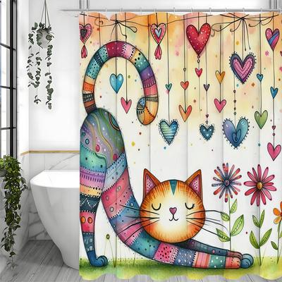 Cortina de ducha de arte collage de gato lindo amor, Cortina de ducha decorativa para baño, Cortina de ducha impermeable con ganchos