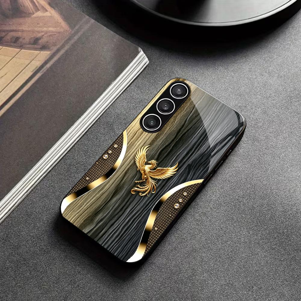 Wood Grain & Gold Phoenix phone case glass s26 ultra case s25 ultra case for Samsung Galaxy S26 S25 S24 S23 S22 FE Ultra Plus