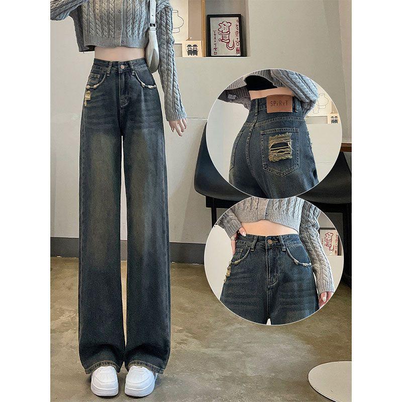 Retro Cement Gray High Waist Plus Size Ripped Slimming Straight-Leg Trousers for Spring and Autumn