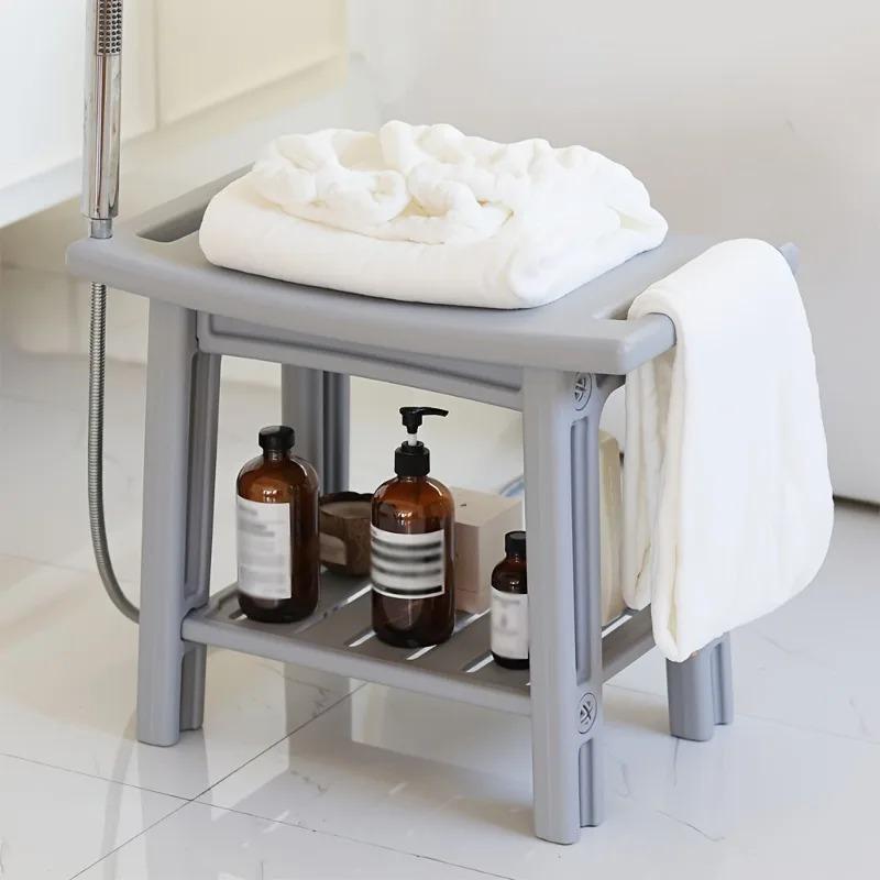 Non-Slip Home Bathroom Shower Stool Mold-Resistant Storage Seat White Plastic Storage Bench with Shelves Bath Shower Essentials
