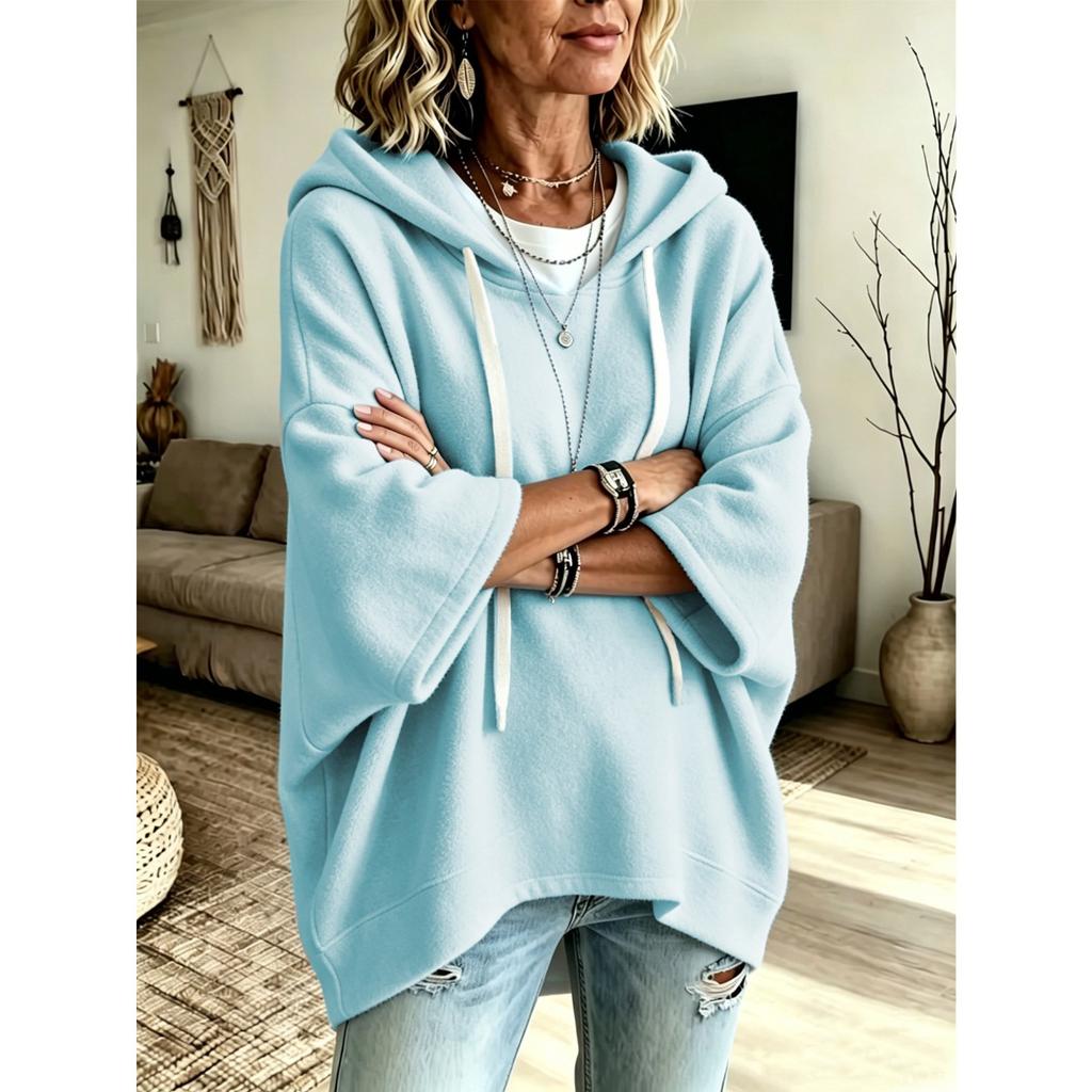 Women's Loose Seven Quarter Sleeves, Hooded Drawstring T-shirt, Batsleeved Top, Outerwear