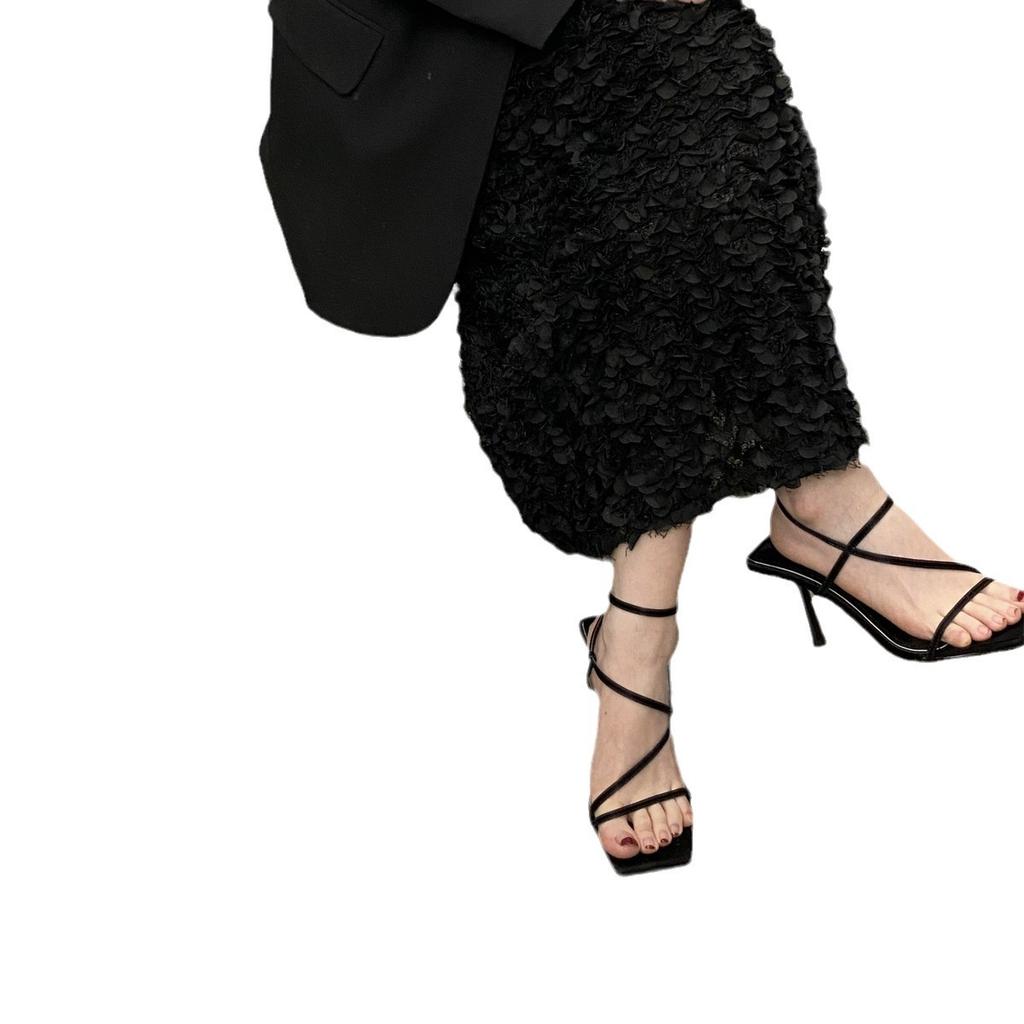 2025 Spring and Autumn New French Niche High-heeled Sandals Temperament Square Head Buckle Stiletto Strap Stiletto Sandals