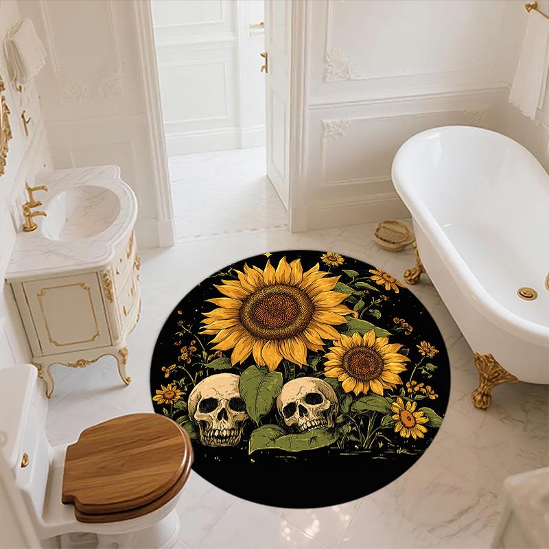 Sunflower and Skull,Round Area Rug,Carpet Rug for Living Room Bedroom Sofa Playroom Decor,Non-slip Floor Mat