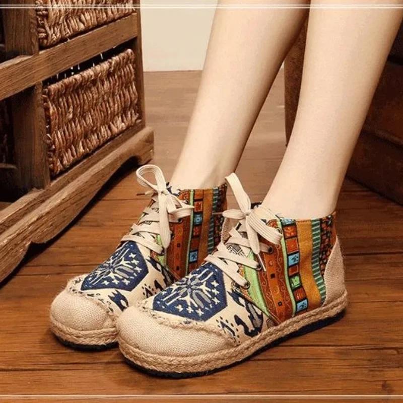 High Cotton Embroidered Women Casual Linen Flat Shoes Handmade Lace Up Thick Hemp Soled Canvas Sneakers