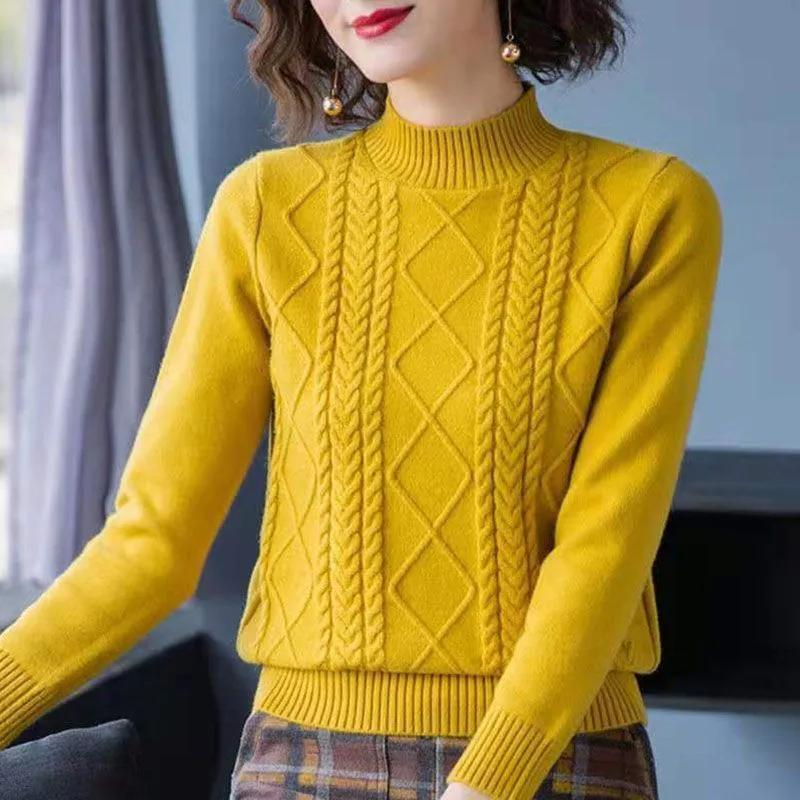 Autumn Winter Women's Loose Fit Cable Knit Half Turtleneck Sweater Thick Solid Color Knitted Base Shirt