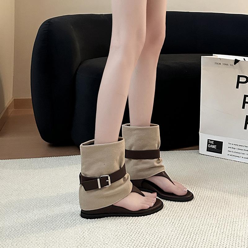 Complex design belt buckle toe cool boots women's new summer trouser boots two sandals
