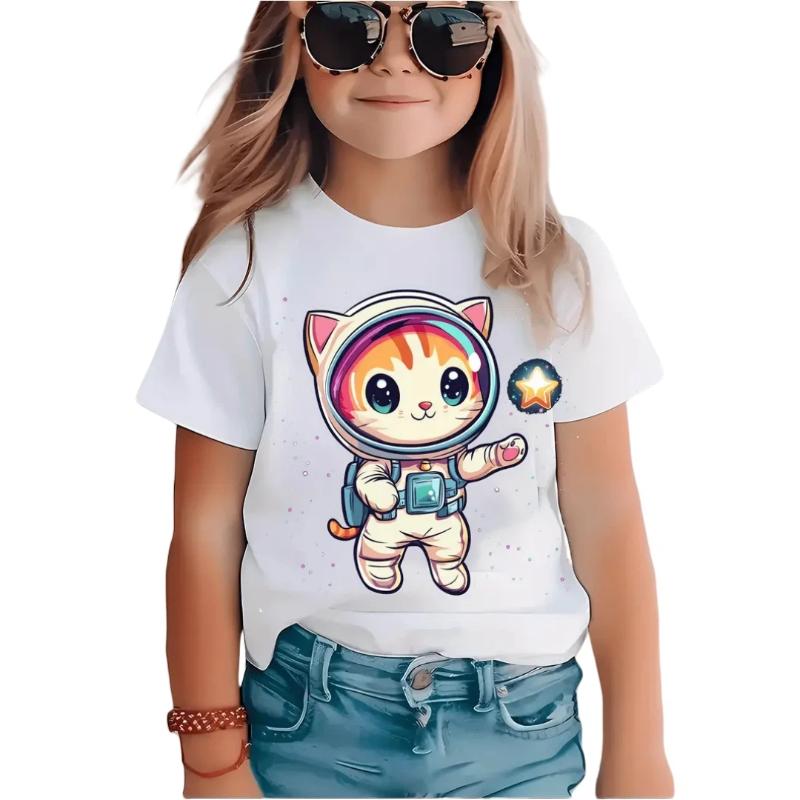 New Cartoon Cat Girl T-Shirt Short Sleeve Top Clothes Round Neck Top Fashion Junior Girls' Clothing Cute Outdoor Kids Tee