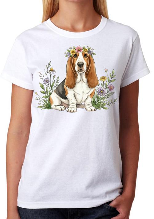Basset Hound Floral Dog T-Shirt Cute Puppy Art Ladies Tee S