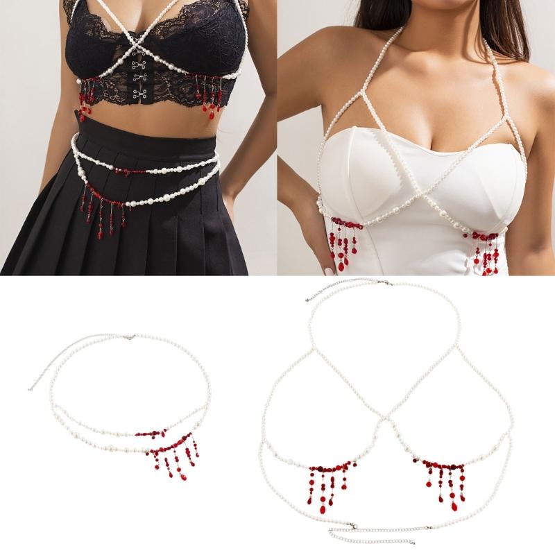 Gothic Blood-Stained Imitation Pearls Foot Ornament Novel Halloween Blood Drop Tassels Body Waist Chain for Women Girls