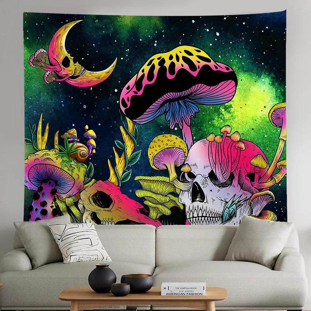 Skull Mushroom Fluorescent Tapestry Home Decor Aesthetics Hippie Bedroom Decoration  Living Room