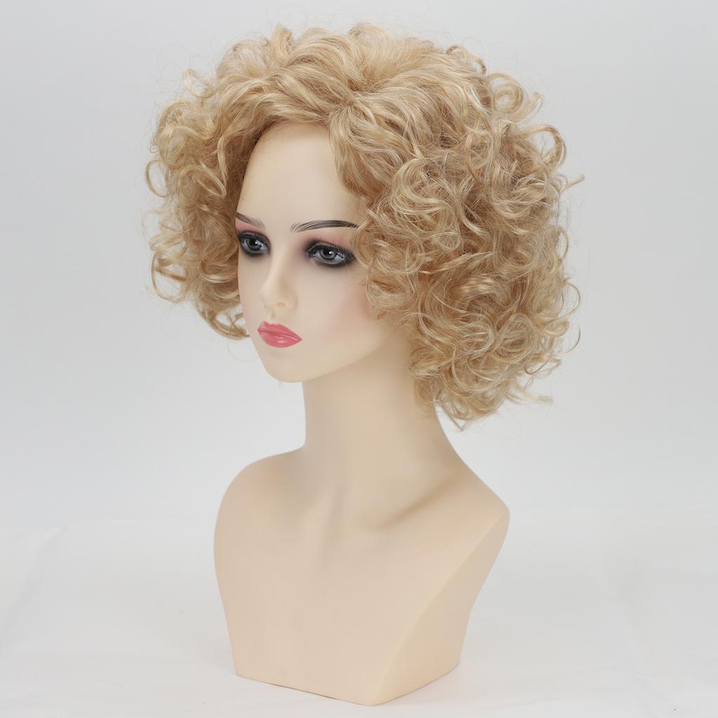 Light Golden Wig with Bangs Natural Blonde Hair for Women Short curly Synthetic Fluffy Wigs Daily Party Cosplay Heat Resistant Fibre