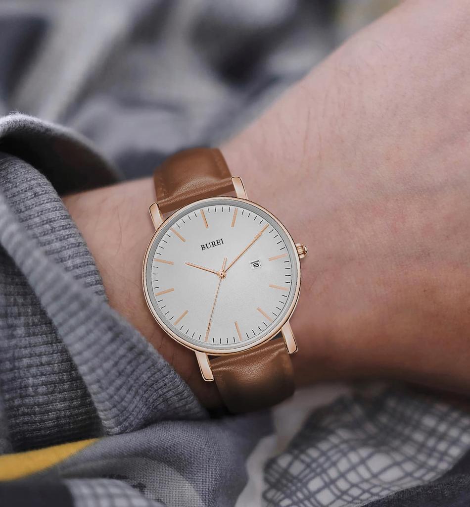 Simple Stylish Brand Popular Ultra Thin Lightweight Analog Watch Business Waterproof Quartz Arm Watch Rose Gold White [BUREI] Men's Men's -