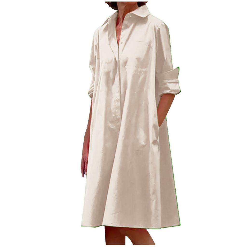 Women's Minimalist Loose 100% Cotton Long Sleeve Shirt Dress, Casual Loose Dress For Women Crossbody