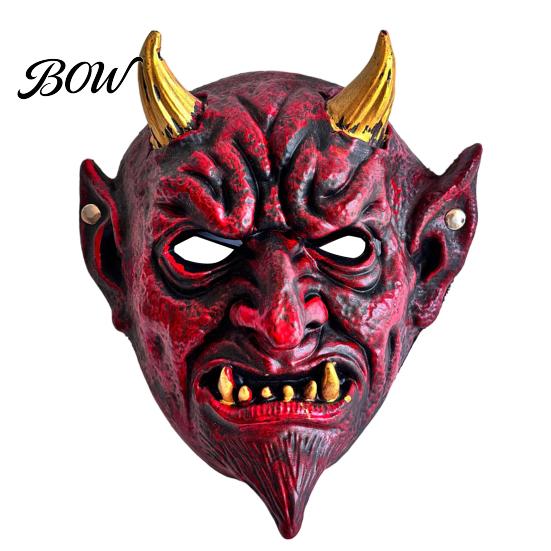 Breathable Scary Mask Halloween Red Devil Cosplay Mask, Creepy Golden Horned Demon Latex Flexible Masquerade Costume Party Full Face for Men