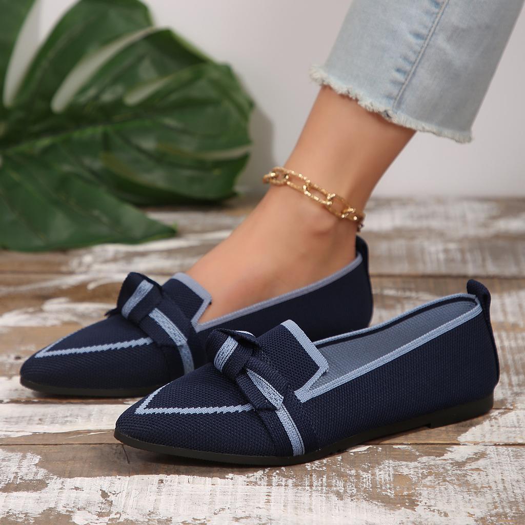 New Women's Knitted Slip On Flats Breathable Comfortable Solid Color Walking Shoes Casual Pointed Toe Walking Sneakers