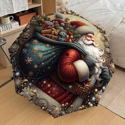 1PC Santa Claus Christmas Pattern Small Travel Compact Windproof Umbrella, Automatic Folding Umbrella, Automatic Open/Close ,Gift-104
