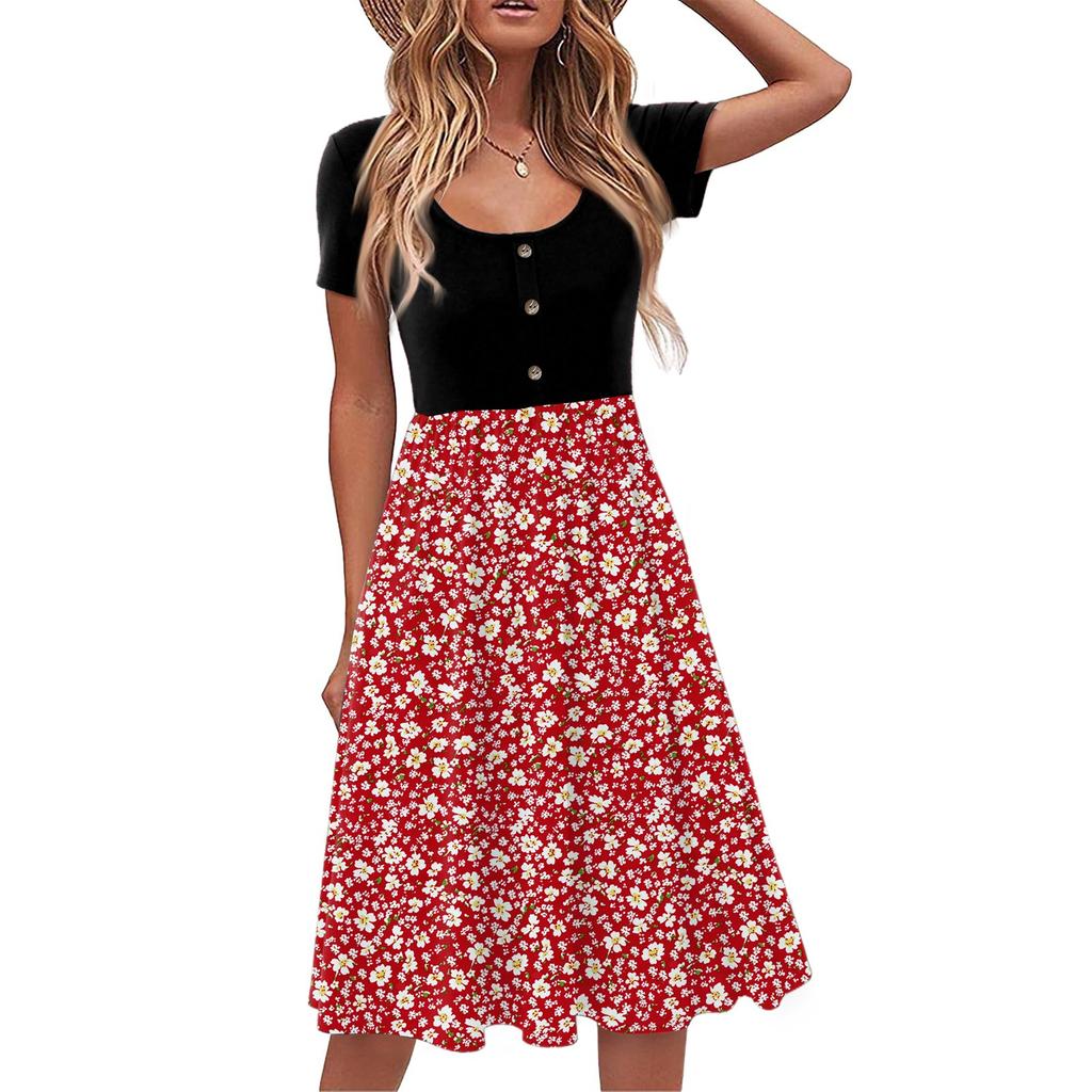 Fashion Women Summer Vintage Floral Dress Elegant Short Sleeve Midi Dress