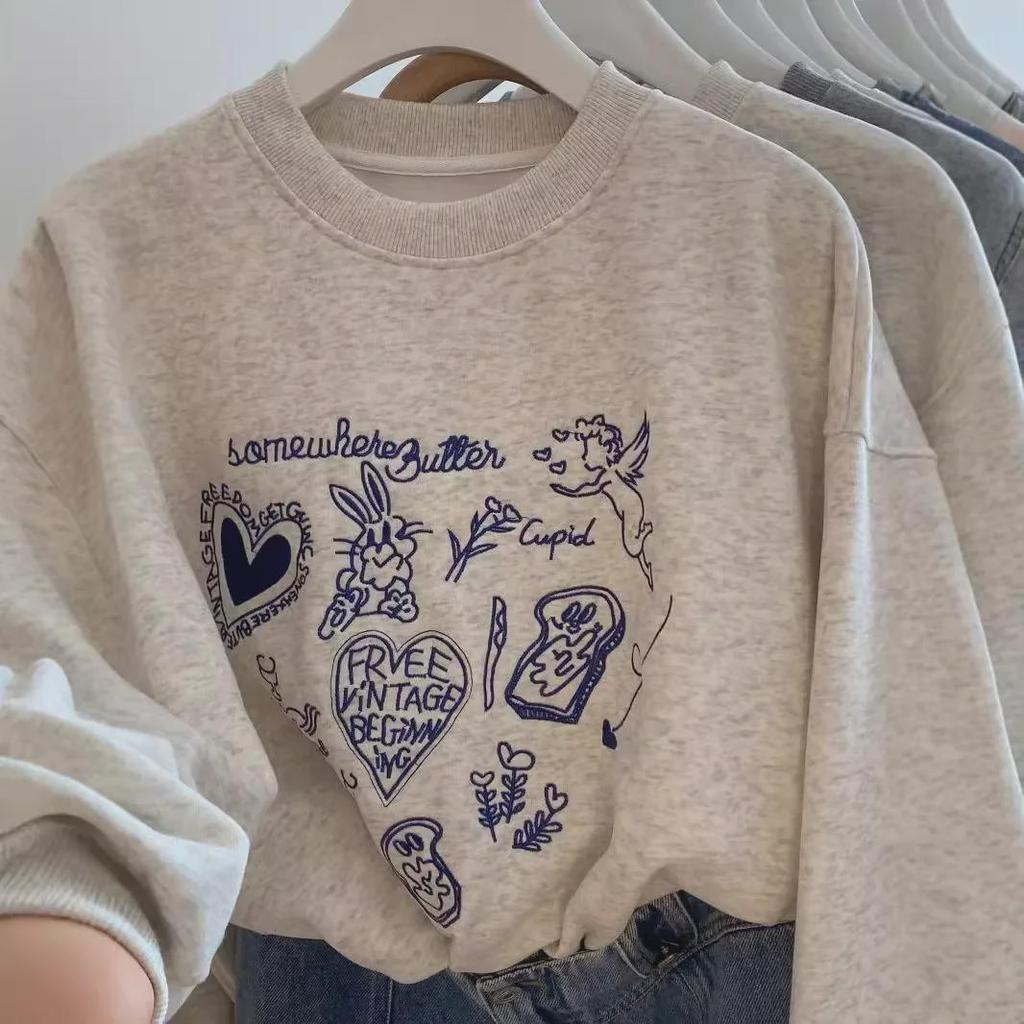Autumn '24 Embroidered Love Rabbit Sweater - Long Sleeve, Small Round Neck Pullover