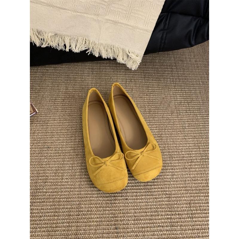 Candy Bow Light Mouth Suede Round Head Ballet Shoes Women's Soft Flat Bottom One Pedal Mary Jane Single Shoes