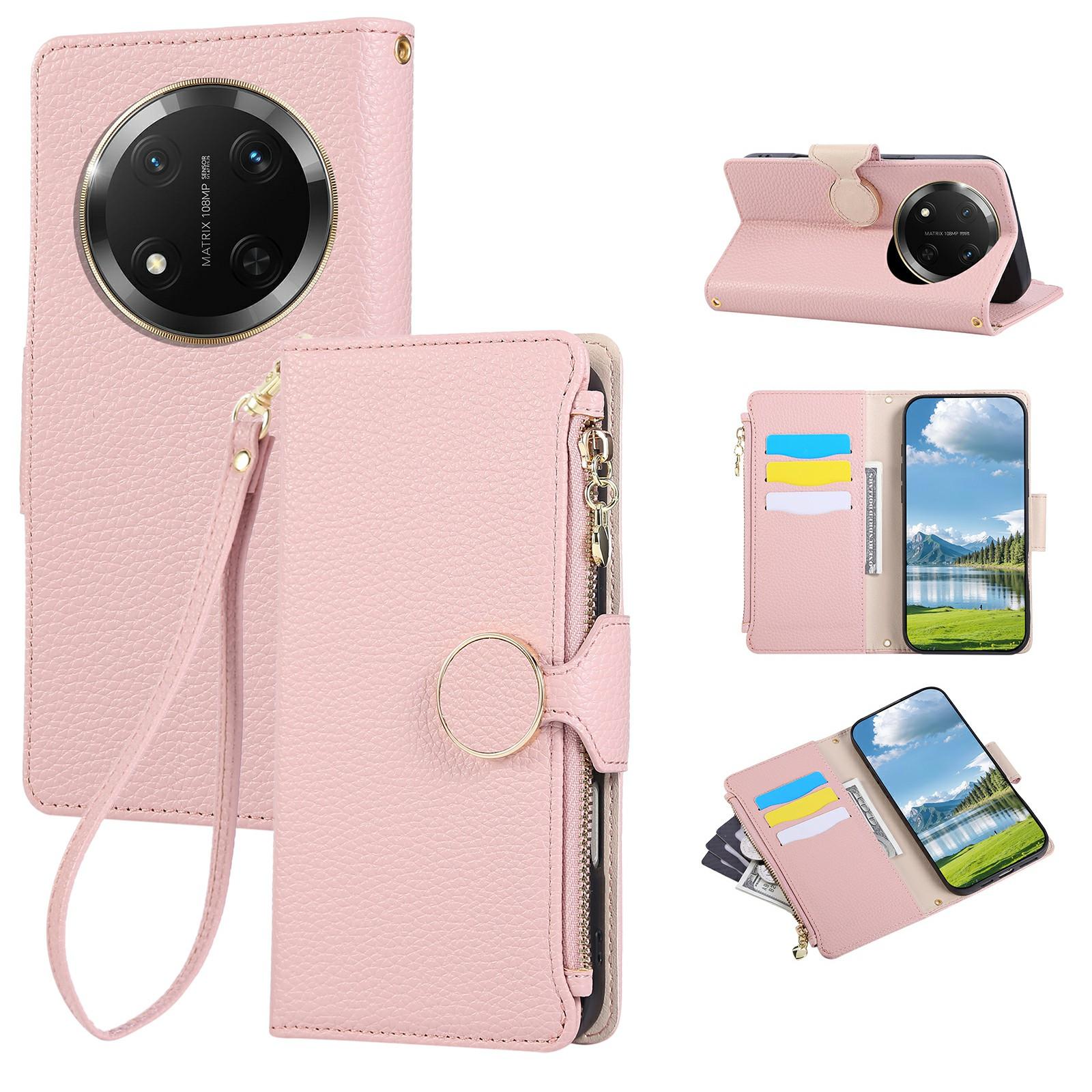 

Phone Case For Honor X60 Pro 5G/X9c 5G/Magic7 Lite 5G Zipper Wallet Leather Cover with Wrist Strap Pink
