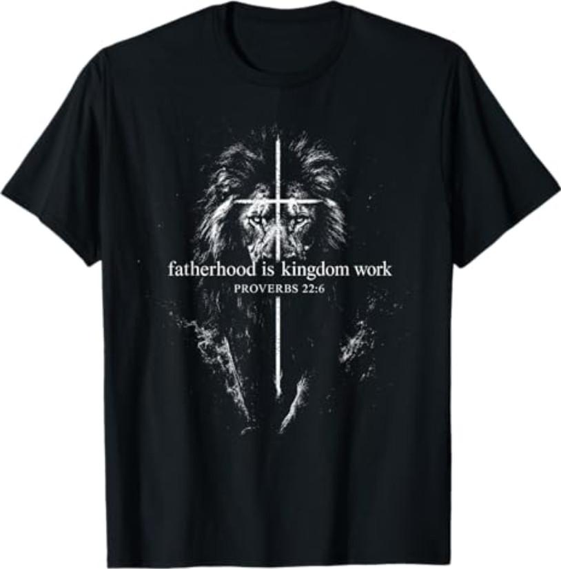 Fatherhood is Kingdom Work Retro Faith Based Lion Cross T-Shirt XXXL