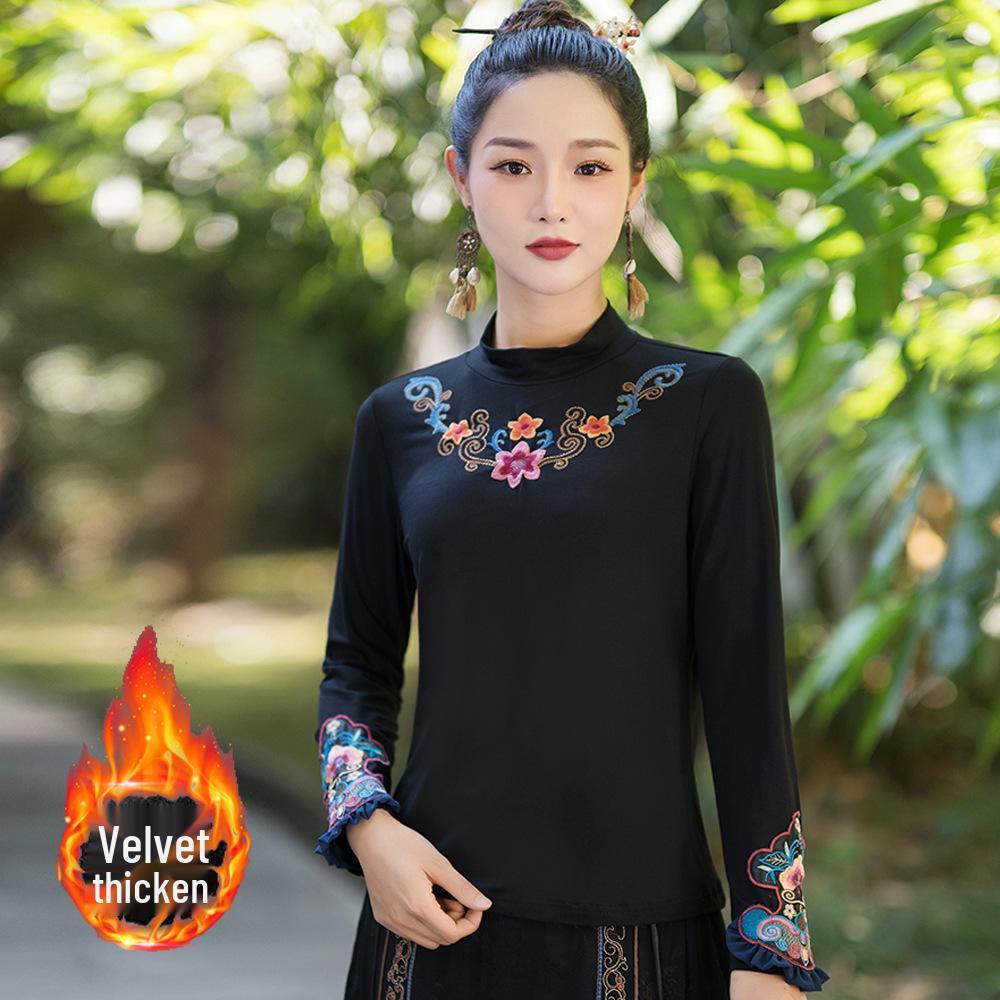 

Женская футболка из модального флиса в этническом стиле с вышивкой и полувысоким воротником для осени и зимы XL чёрный