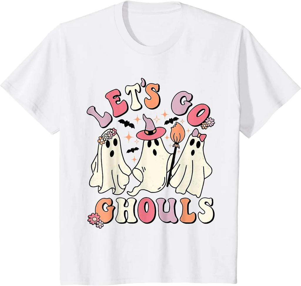 Let's Go Ghouls Halloween Ghost Outfit Kostým Retro Groovy Tričko pro Unisex ženy Ležérní Bavlněná denní košile pro ženy Trička