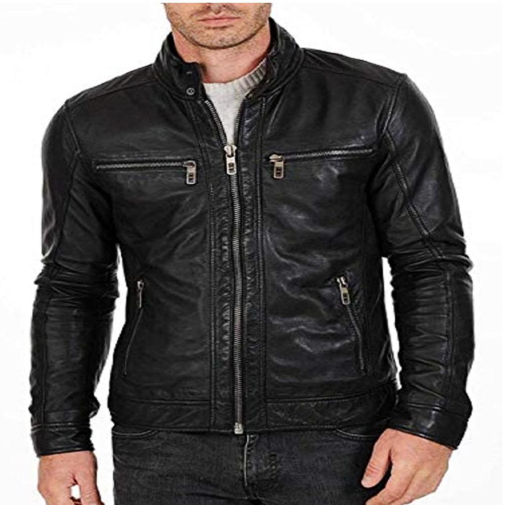 Jachetă motociclist din piele de miel neagră, cu fermoar și buzunar, pentru bărbați, Noora - JS19