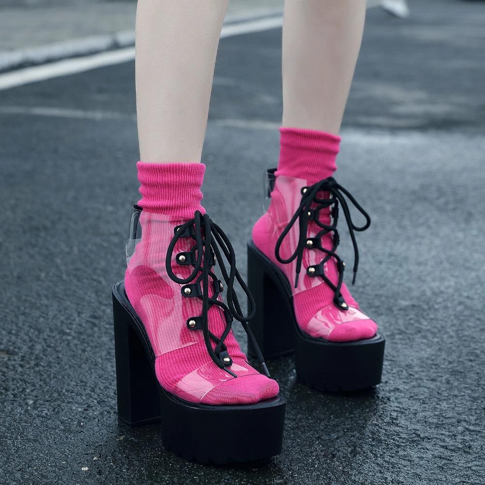 Fashion 14cm Summer New Women's Sandals Sexy Waterproof Platform Transparent PVC Lace-Up Chunky Heel High Heel Sandals stripper heels