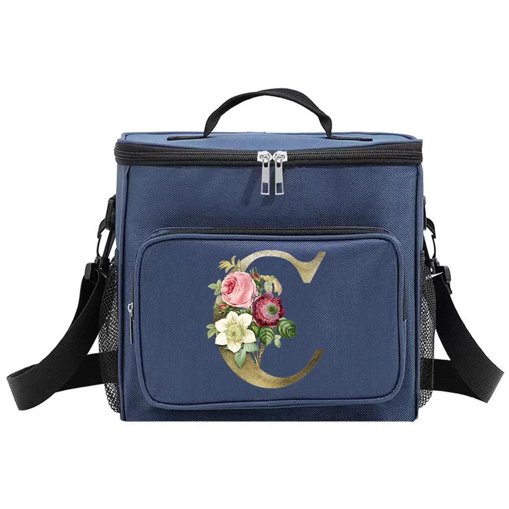 Lunch Bag Insulated Bags Cooler Box Thermal Organizer Handbag Shoulder Storage Lunchbag for Men and Women Golden Flower Printing