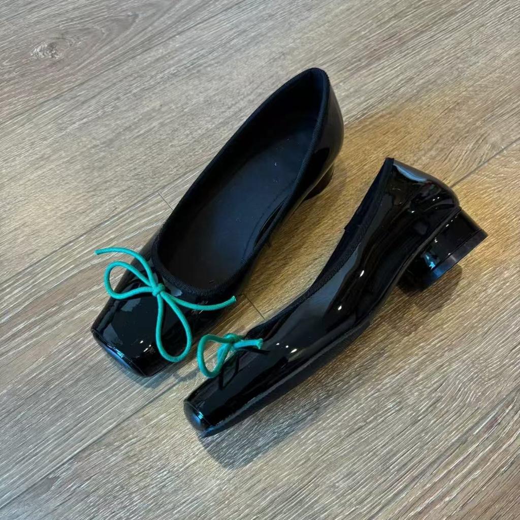 Schafsleder-Version~ Schleife quadratische Zehe personalisierte Leder Einzel Schuhe Damen niedriger Absatz ein Pedal leichter Mund mit Rock Mary Jane Schuhe