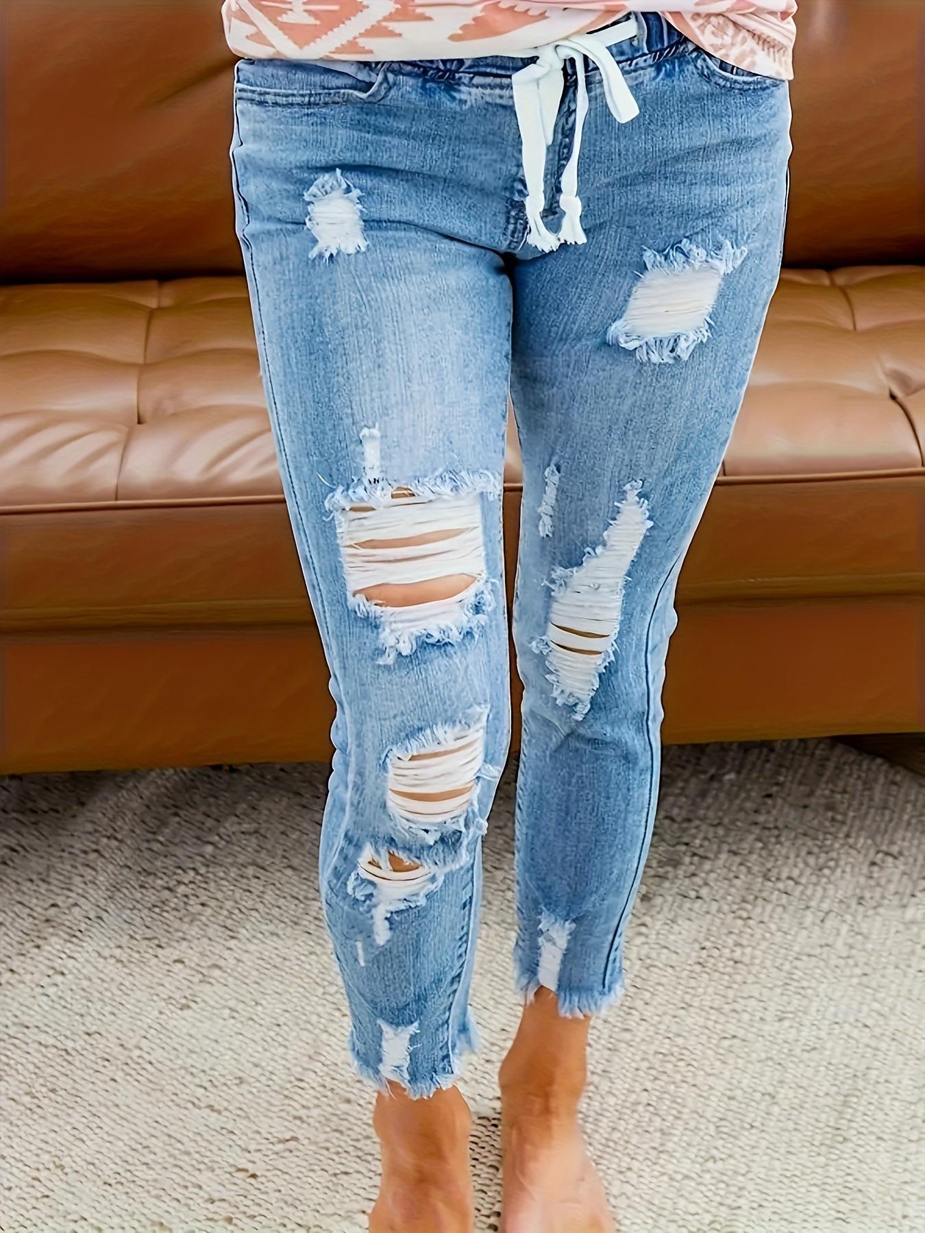 Elastic Waist Casual Women s Ripped Skinny Jeans - Street Style Fashion S