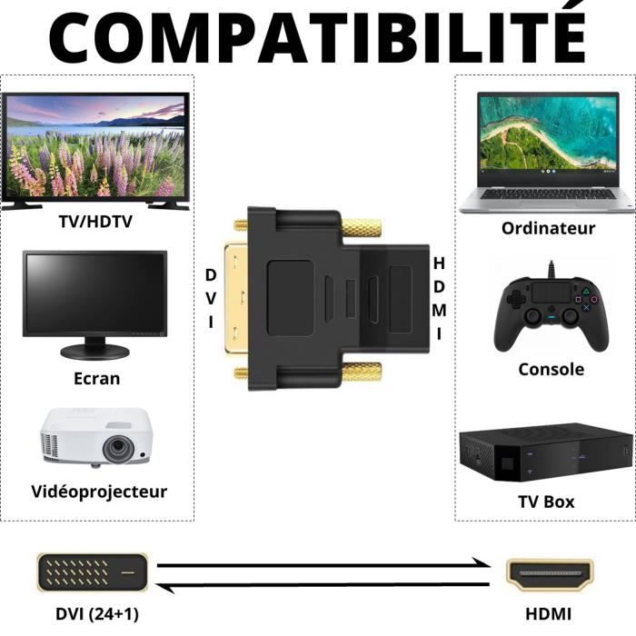 Adaptateur DVI vers HDMI 1080p Full HD résolution 1920x1200 pour TV/ordinateur/écran/vidéoprojecteur [Lot 2] Phonillico®