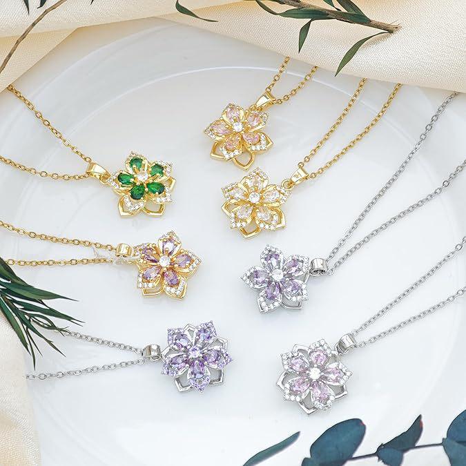 Elegant Zircon-Studded Rotatable Flower Pendant Necklace with Copper Inlay