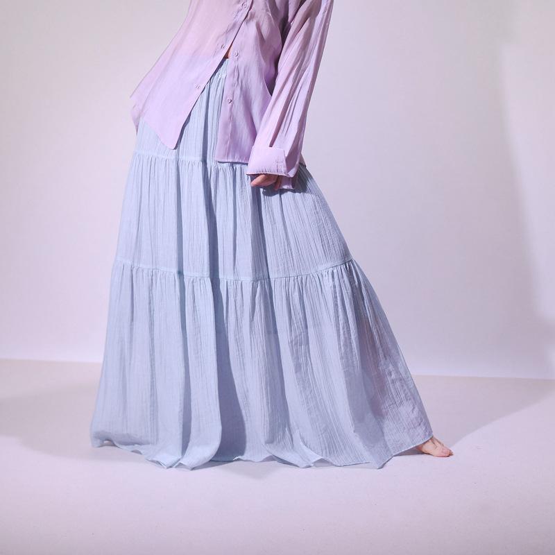 

Women’s Summer Boho Skirts Flowy Swing Tiered A-Line Maxi Skirt Trendy Elastic Waist Pleated Long Beach Skirt Pleated Ruffle Long Skirts for Women One size світло-синій колір