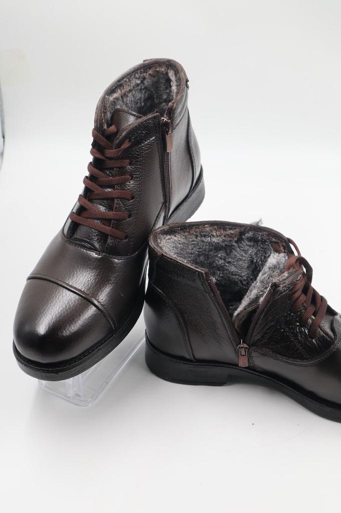 Men's Fashion Genuine Leather Flat Heeled Booties Bootie with Fur Inside Zipper Black Casual Shoes