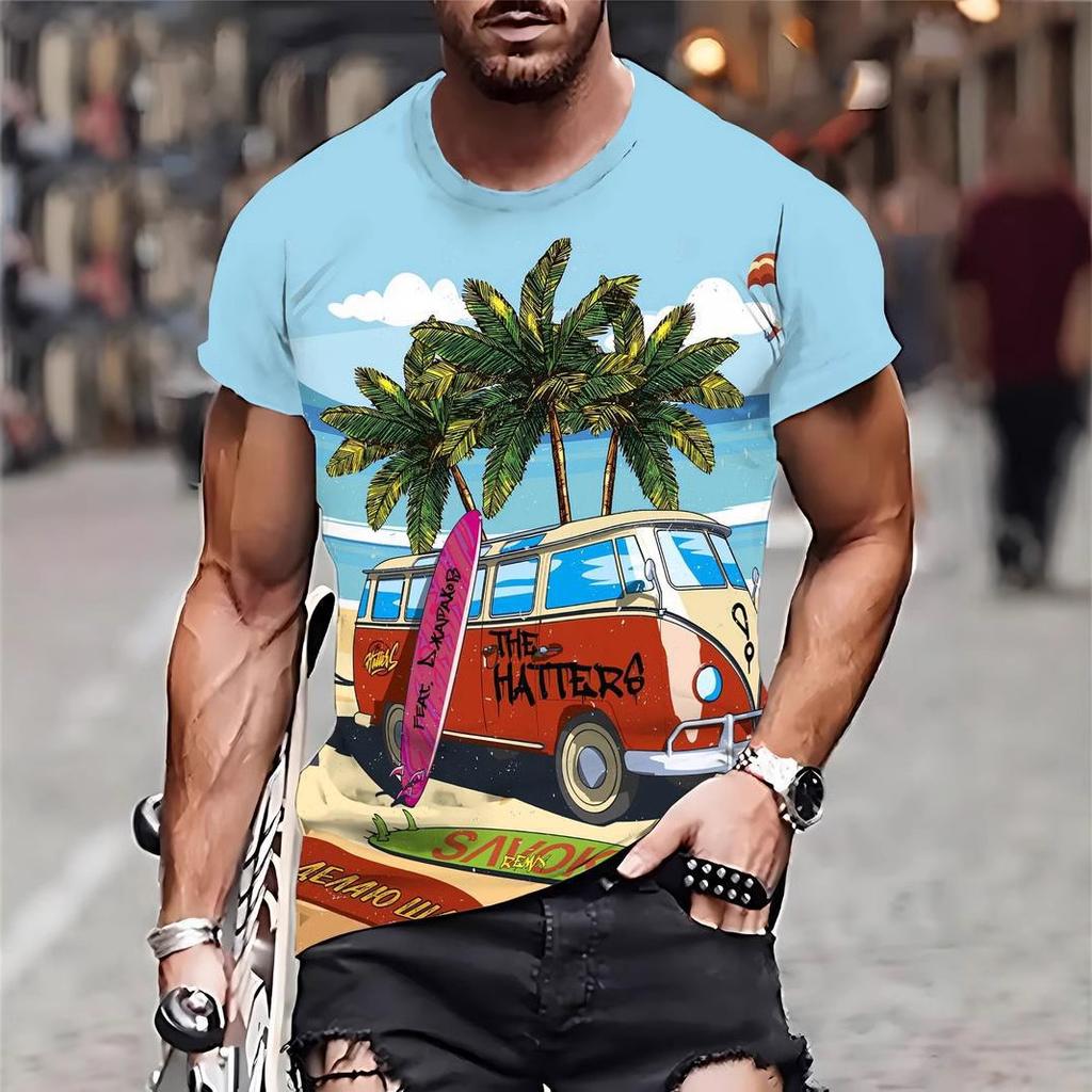 Summer Round Neck 3D Hawaiian Coconut Tree Pattern Print Top Fashionable Casual Short Sleeved Men's T-shirts