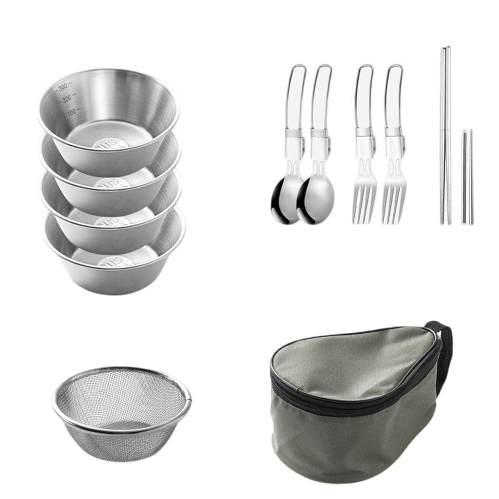 Camping Cutlery Set Stainless Steels Camp Dinnerware Cooking Tableware with Plates Bowls for Outdoor Backpacking Picnics