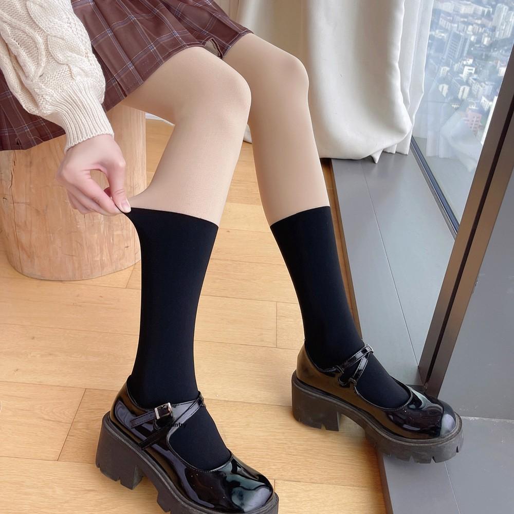 Spliced Black Nylon Stockings Women's Pantyhose JK Cute Japanese Style Instagram Trendy Autumn/Winter Fleece-Lined Socks