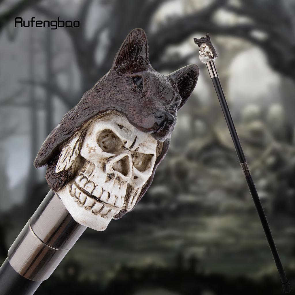 White Resin Wolf Hat Skull Head Walking Cane Fashion Decorative Steel Stick Gentleman Elegant Cosplay Cane Knob Crosier 93cm