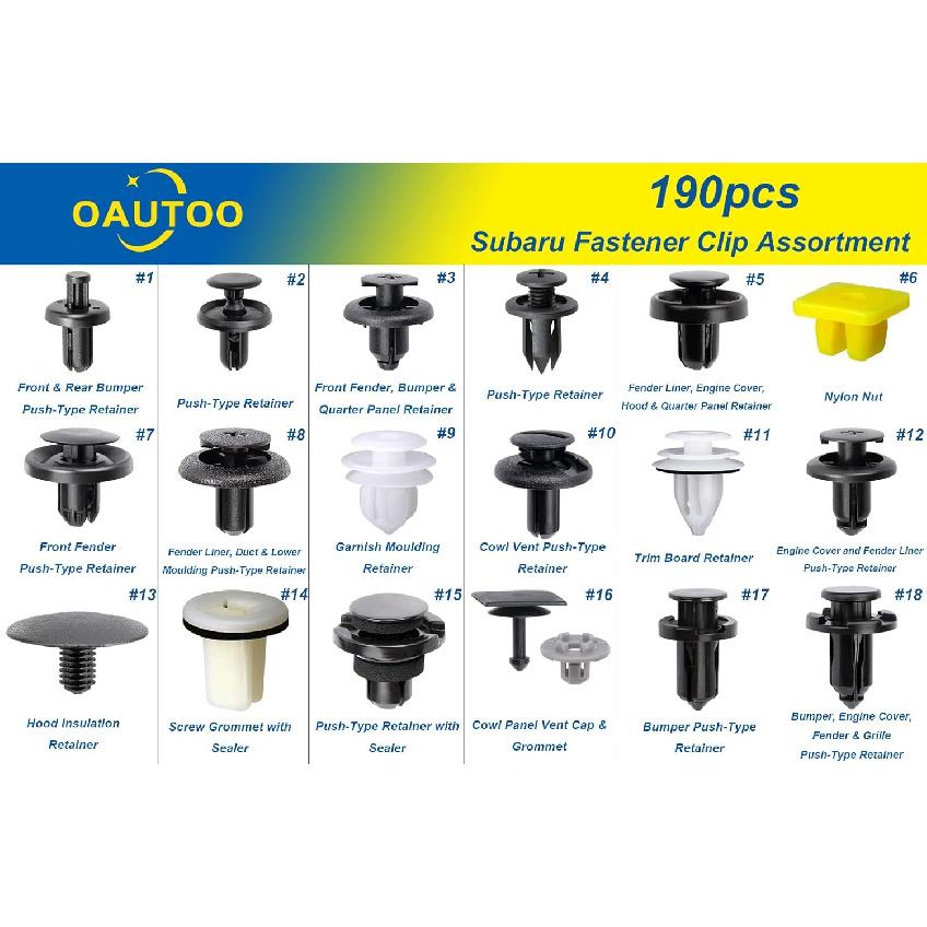 OAUTOO 190Pcs For Subaru Body Interior And Exterior Retainer Fastener Clip Assortment 19 Most Popular Sizes & Applications