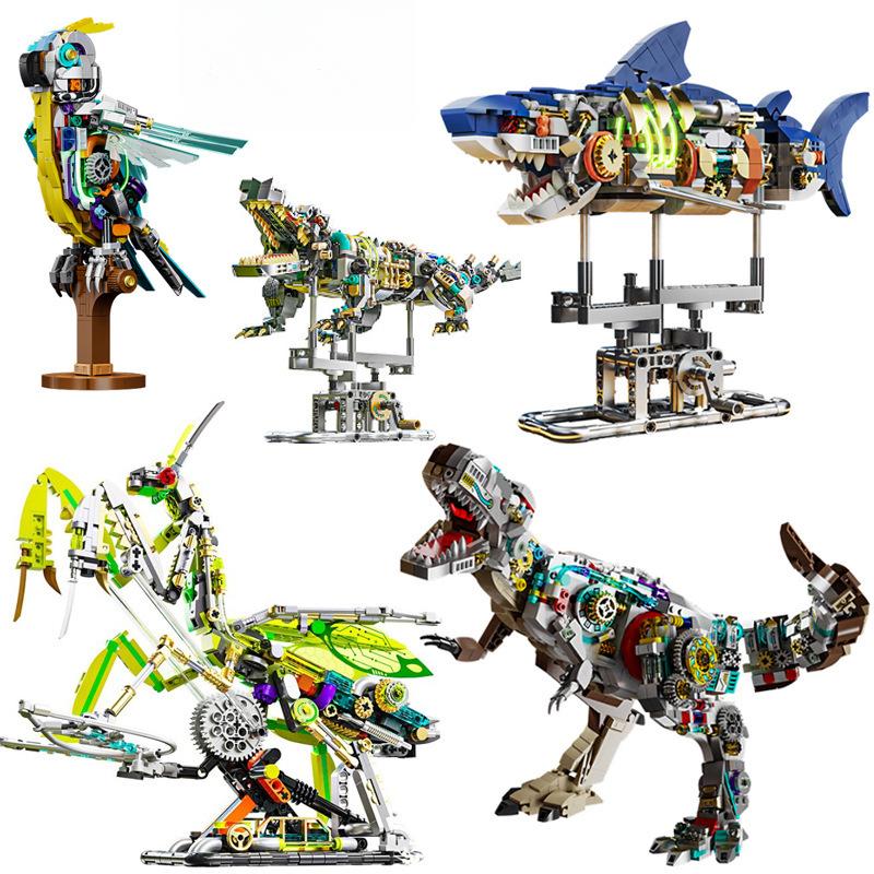 Building Block Semi-mechanical Shark Building Block Movable Model Parrot with Lights Punk Assembly Toy