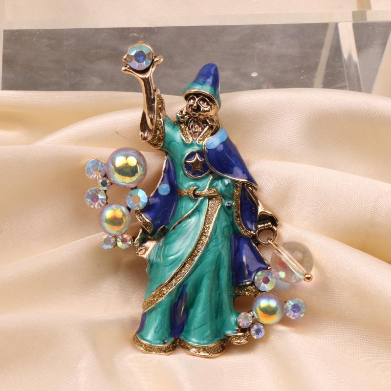 Vintage Women Men Fashion Sorcerer Enamel Crystal Pin Brooch Retro Classic Lady Palace Style Lady Drip Oil Badges Corsages