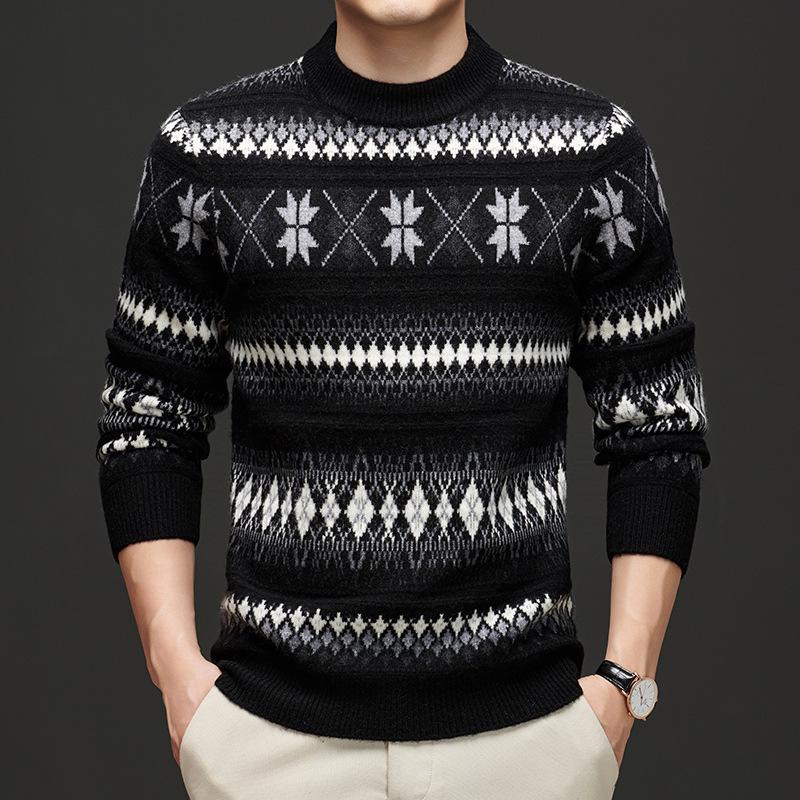 Unisex Striped Jacquard Wool Sweater - Thick, Versatile & Warm for Autumn/Winter L