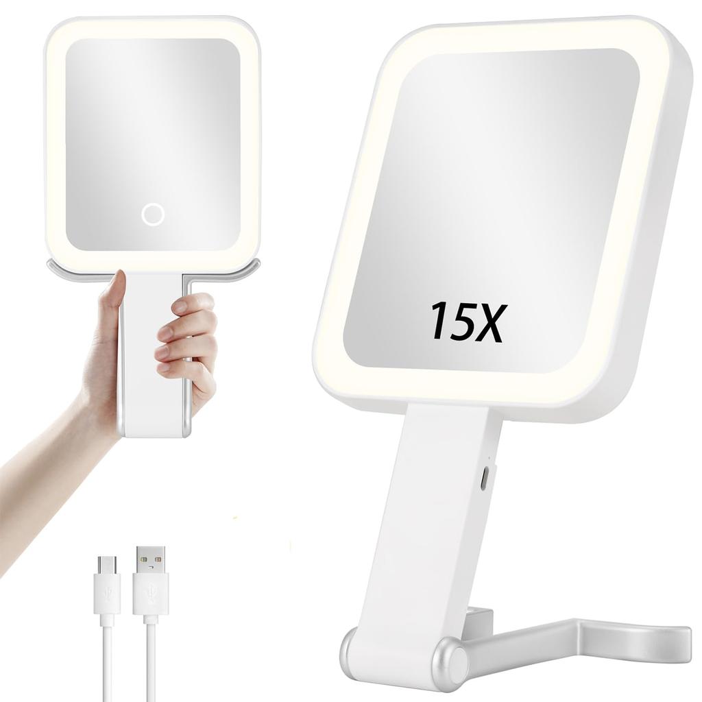 LunarCorky Hand 1x 15x LED Makeup USB Makeup Tabletop Mirror with Handheld Travel Mirror Double-Sided Mirror, & Magnification, Light, Mirror,