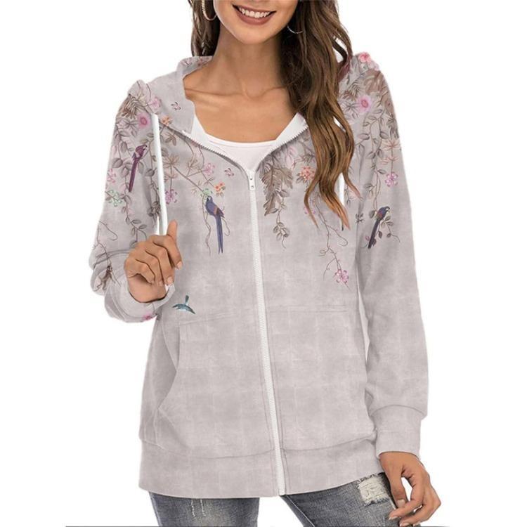 Loose Casual Women Hoodie Full Zip Long Sleeve Floral Print Jacket With Pockets