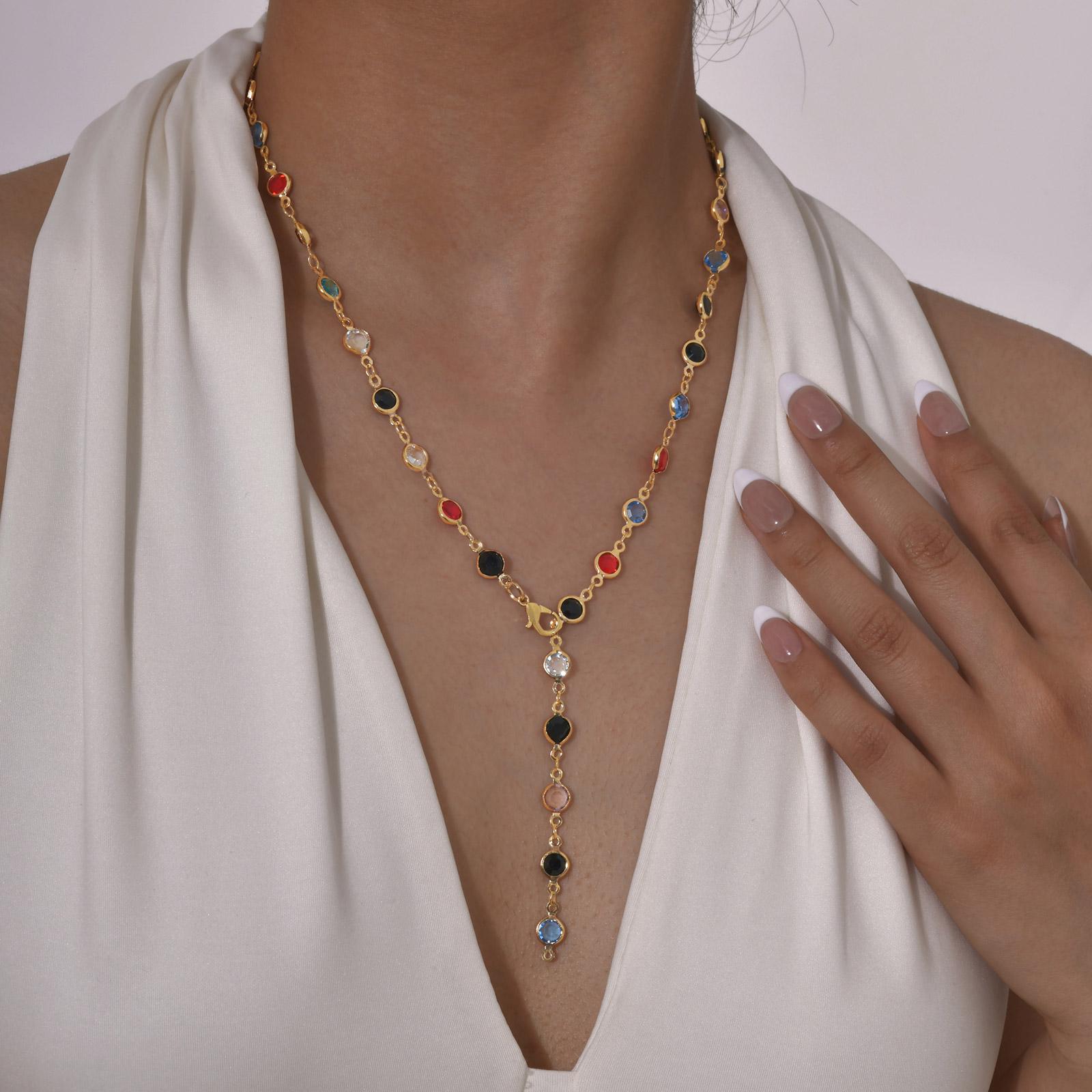 Vintage Boho Colorful Crystal Y-shaped Necklace for Women Geometric Long Tassel Chain Necklace Trendy Jewelry for Festival Party