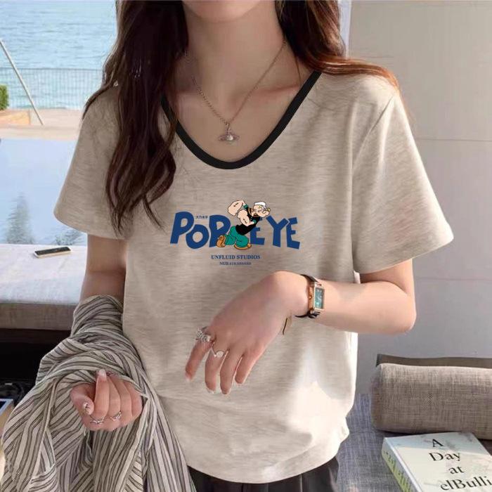 American pure cotton retro V-neck front shoulder short sleeve 2026 thin summer new contrasting color fashionable gray loose top M